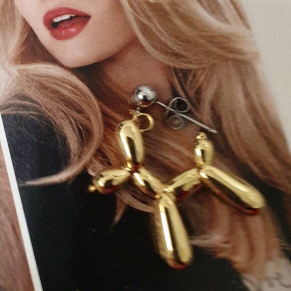 Gold Metal Balloon Dog Dangle Earrings Women Fashion Jewelry Accessory Gift - Picture 3 of 5